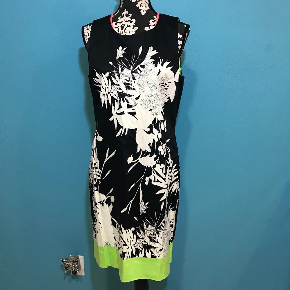 Tahari Bright Neon Dress EUC Woman's 12 Green Orange Colorblock Floral Print Fun